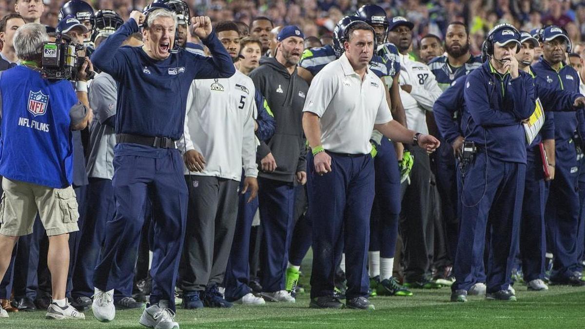 
Seahawks coach Pete Carroll reacts as Russell Wilson’s pass was intercepted in the end zone near the end of Super Bowl 49 in Glendale, Arizona.
