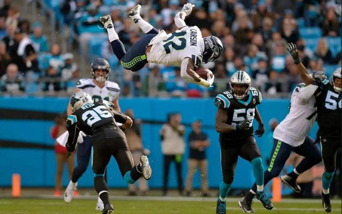Running back Chris Carson leaped a standing Panthers defender, somersaulted, landed on his feet and kept on running for a gain of 15 yards in the third quarter of the Seahawks’ comeback win at Carolina. “Out of this world,” coach Pete Carroll said.