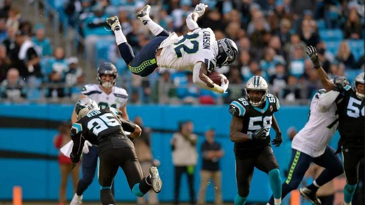 Running back Chris Carson leaped a standing Panthers defender, somersaulted, landed on his feet and kept on running for a gain of 15 yards in the third quarter of the Seahawks’ comeback win at Carolina. “Out of this world,” coach Pete Carroll said.