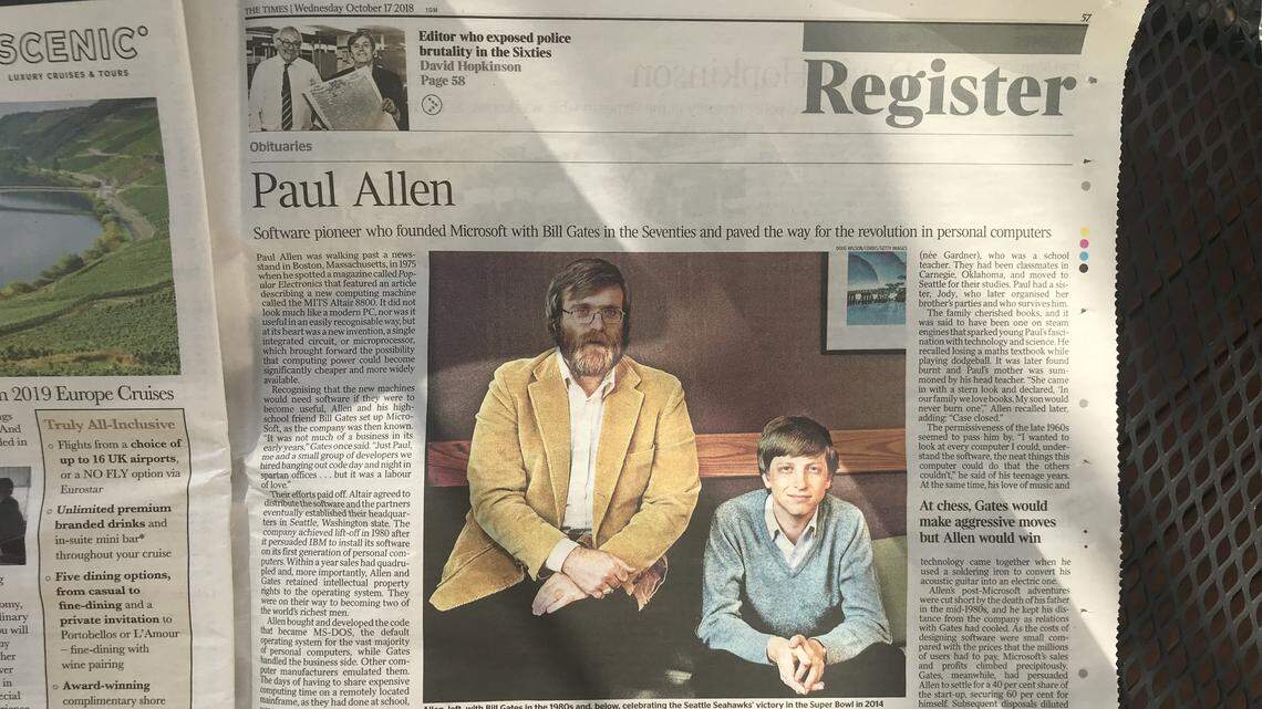 How big was Paul Allen internationally, for bettering the world so far beyond football? The Times of London’s two-page, six-column obituary for Paul Allen published Wednesday spends a total of eight words informing that he was the Seahawks’ owner. It’s in the 19th of 28 paragraphs.