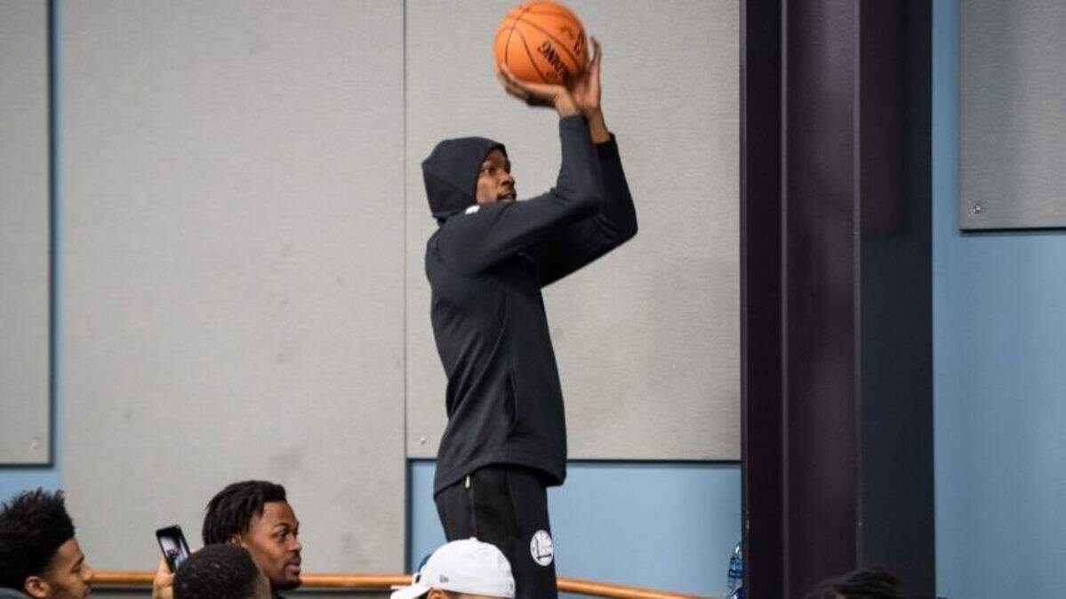 Golden State Warriors superstar Kevin Durant shooting at the hoop inside the Seahawks’ main meeting room Friday, during the NBA champions’ visit to the NFL team’s headquarters in Renton. The Warriors were in town to play the Sacramento Kings in an exhibition game Friday night at KeyArena in Seattle.