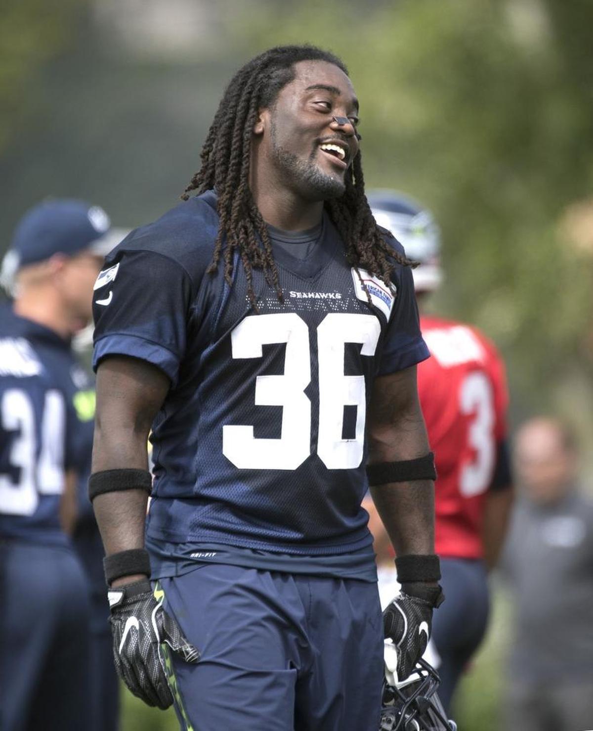Both Seattle Seahawks coach Pete Carroll and offensive coordinator Darrell Bevell have praised Alex Collins (36) for his improvement in practice. Said Bevell, “His tempo has picked up. His understanding has picked up — his pace, his reads, his speed to the hole.”