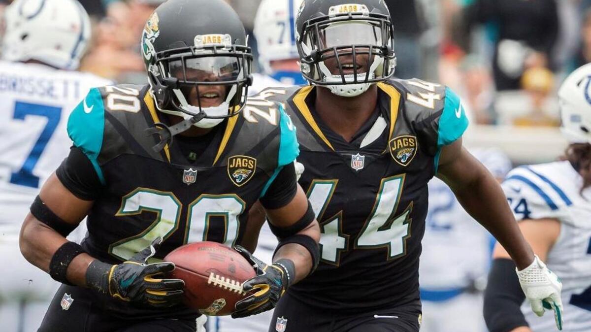 Jacksonville Jaguars cornerback Jalen Ramsey (20) celebrates after intercepting a pass against the Indianapolis Colts during the first half of an NFL football game, Sunday, Dec. 3, 2017, in Jacksonville, Fla.