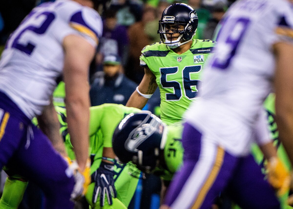 Seahawks linebacker Mychal Kendricks (56) ready for a play in the third quarter of Monday’s win over Minnesota. He broke his leg during the game but finished playing it, coach Pete Carroll said. It’s the second major injury at weakside linebacker for Seattle. Kendricks was starting for injured Pro Bowl veteran K.J. Wright.