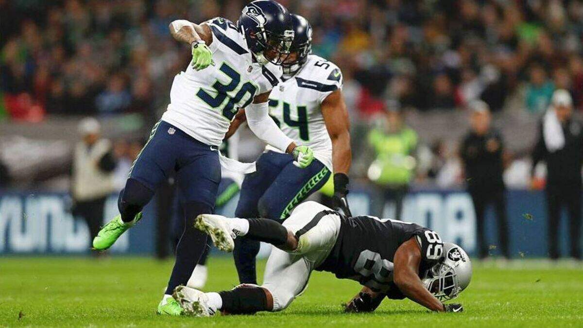 Seahawks safety Bradley McDougald knocked then-Raiders wide receiver Amari Cooper from a game Oct. 14 at Wembley Stadium in London with this helmet-to-helmet hit in the second quarter of Seattle’s 27-3 victory. Now McDougald and Cooper are preparing to face each other for the first time since the hit that ended the concussed Cooper’s time in Oakland. Cooper got traded to Dallas a week after this hit. The Cowboys host the Seahawks in an NFC wild-card playoff game Saturday night.