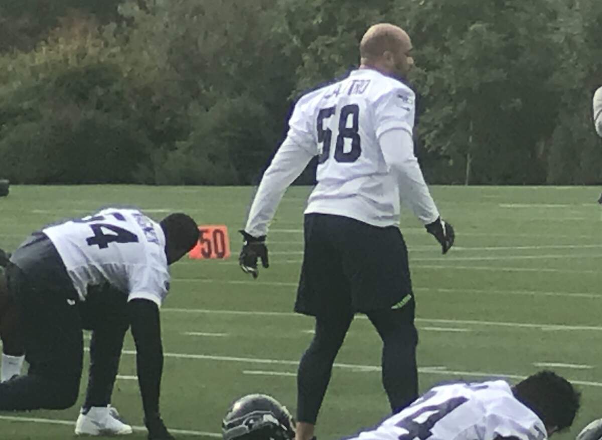 Austin Calitro at Seahawks practice Wednesday, when he worked at weakside linebacker as the first option to fill in for Pro Bowl veteran K.J. Wright and start Sunday’s game against the undefeated Los Angeles Rams.