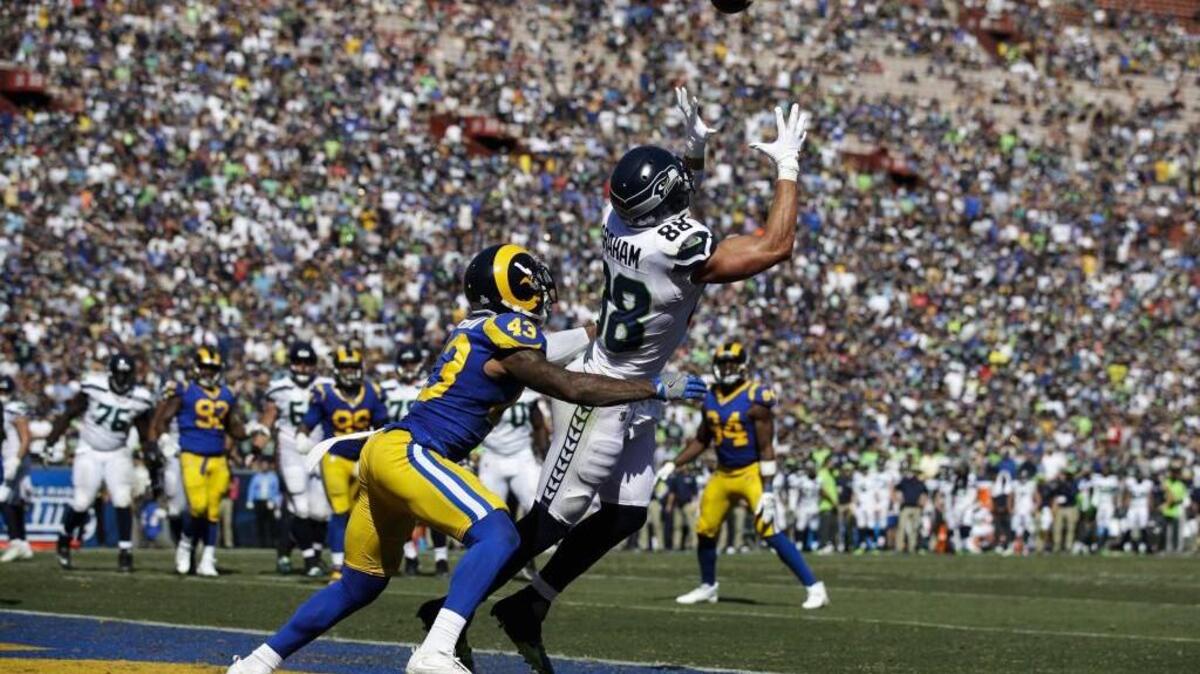 Seahawks tight end Jimmy Graham catches his first touchdown pass of the season Sunday in Los Angeles, taking advantage of a seven-inch height advantage over Rams safety John Johnson. That started Seattle’s comeback in a 16-10 win over the now-former leaders of the NFC West.