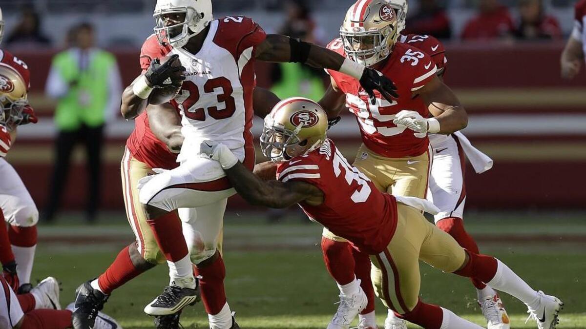 Arizona Cardinals running back Adrian Peterson carried the ball 37 times and rushed for 159 yards against the San Francisco 49ers. In his career gainst Seattle, he has 93 rushing attempts for 392 yards and two touchdowns in five games.