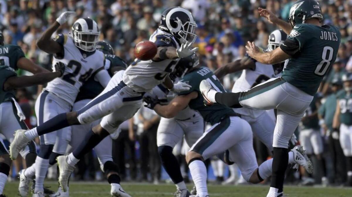 The Los Angeles Rams have blocked two kicks and returned them from touchdowns this season, including this one by middle linebacker Cory Littleton last week against Philadelphia.