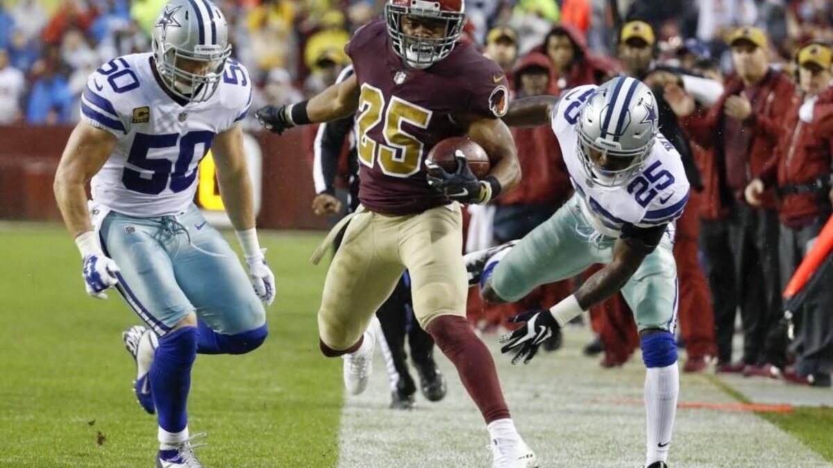 Washington Redskins running back Chris Thompson Thompson is the only player in the NFL that leads his team in rushing (231 yards) and receiving (league-leading 442 yards for running backs).