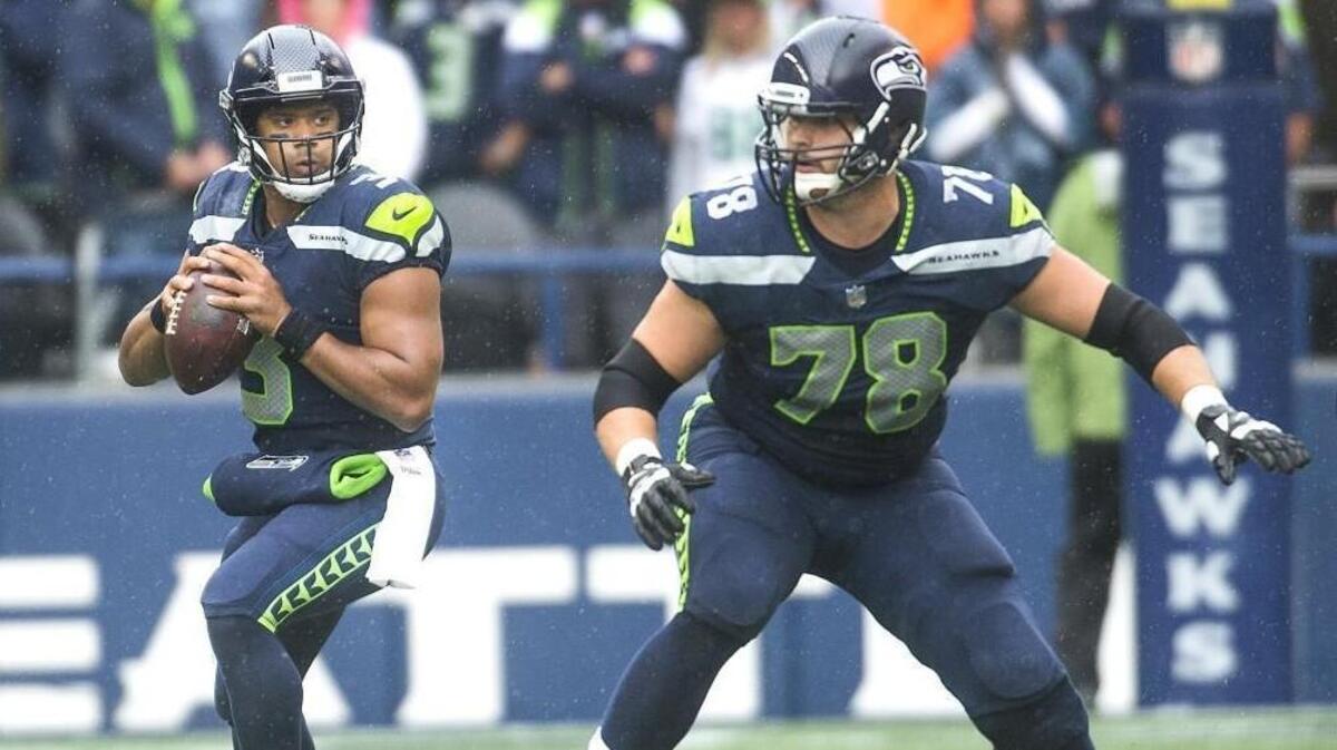 Seahawks offensive lineman Luke Joeckel protects quarterback Russell Wilson. Joeckel returns to face his former team, the Jacksonville Jaguars, on Sunday.