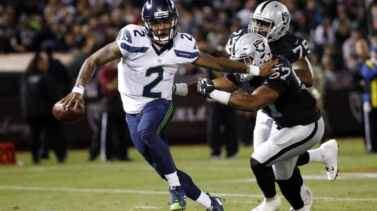 Seattle Seahawks quarterback Trevone Boykin (2) in action against the Oakland Raiders during the first half of a preseason NFL football game Thursday, Sept. 1, 2016, in Oakland, Calif.