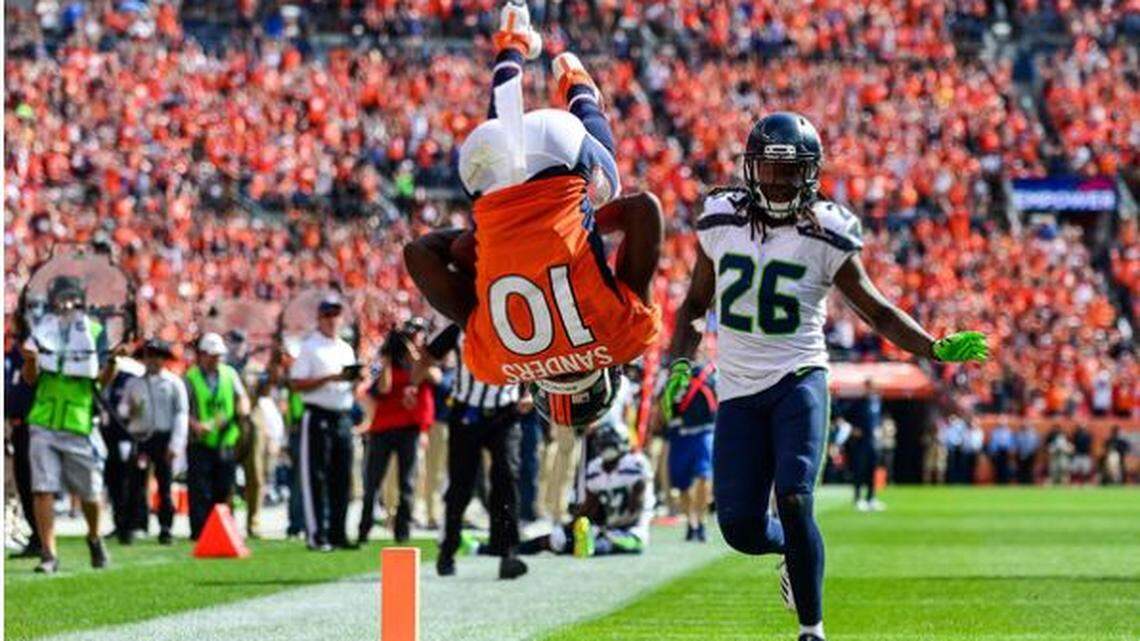 Seahawks starting cornerback Shaquill Griffin watches Denver wide receiver Emmanuel Sanders flip into the end zone for a touchdown in Seattle’s opener loss at the Broncos last weekend. Griffin missed practice Friday with a new thigh injury. Friday’s was the Seahawks’ final full practice before Monday night’s game at Chicago.