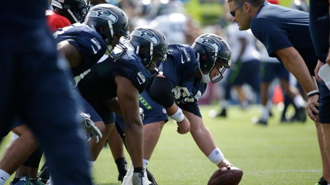 
Seattle Seahawks center Drew Nowak gets ready to snap the ball during training camp earlier this month in Renton. Nowak will be starting at center in an exhibition game Saturday against San Diego.
