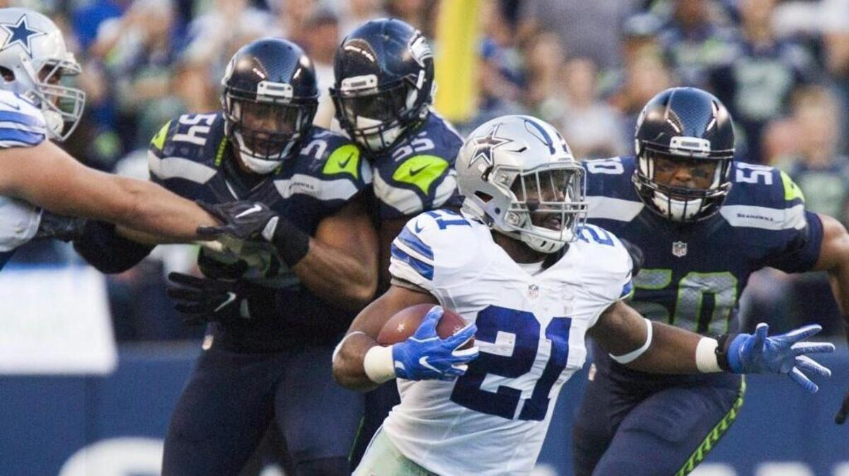 Dallas Cowboys running back Ezekiel Elliott breaks off a big gain against the Seahawks in Seattle during an an exhibition game before the 2016 season. Elliott rushed for 48 yards on seven carries in the game.