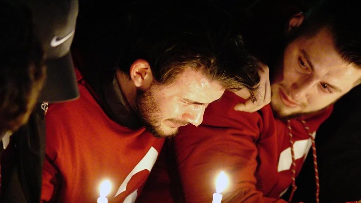 Luke Falk cries during a candlelight memorial service for fellow Washington State quarterback Tyler Hilinski on the WSU campus in Pullman on Jan. 19, three days after Falk’s good friend committed suicide earlier in the week. Falk has remained this genuine and impressive talking about Hilinski this weekend during the NFL combine in Indianapolis.
