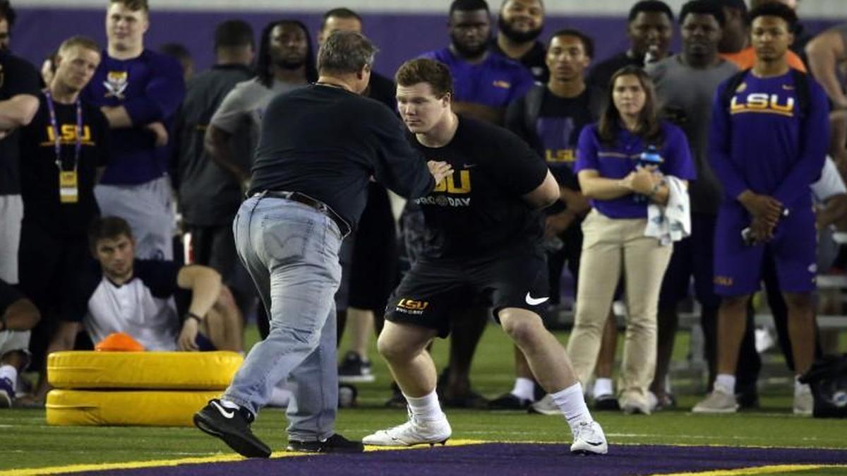 LSU offensive lineman Ethan Pocic, participates in drills during their college football pro day in Baton Rouge, La. on April 5, 2017. The Seahawks selected Pocic with the No. 58 pick in the NFL draft.