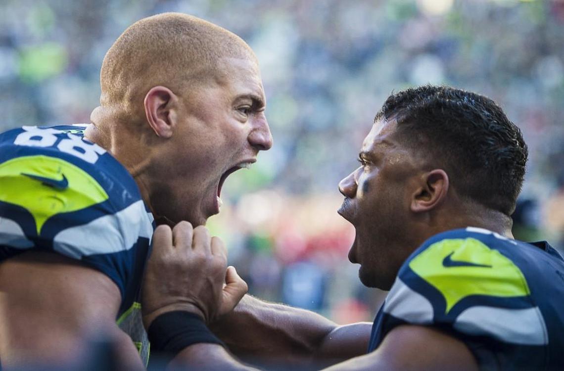 Seahawks tight end Jimmy Graham and quarterback Russell Wilson celebrate Graham’s winning touchdown catch in the final seconds of October’s home win over Houston. Thursday, coach Pete Carroll said he and the team “would love” to have Graham back in 2018. But the cost of a new contract for the 31-year-old seems too prohibitive, given all else the cap-strapped team must do this offseason.