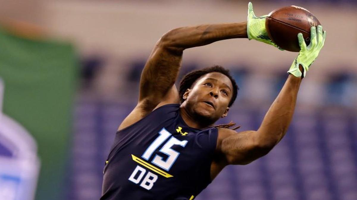 Central Florida defensive back Shaquill Griffin runs a drill at the NFL football scouting combine in Indianapolis on March 6, 2017. The Seahawks selected him with the No. 90 pick in the NFL draft.