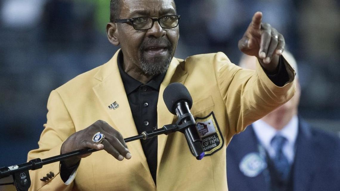 Seahawks legend Kenny Easley speaks during a ceremony in which his jersey was retired during halftime of Sunday’s game against Indianapolis. Easley played for Seattle from 1981-87 and was inducted into the Pro Football Hall of Fame in August.