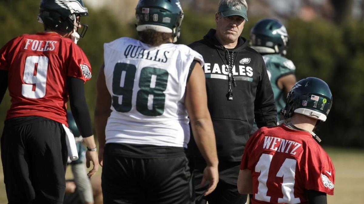 Philadelphia Eagles head coach Doug Pederson, who grew up in Ferndale, watches his players warm up during practice at the team's training facility in Philadelphia on Wednesday.