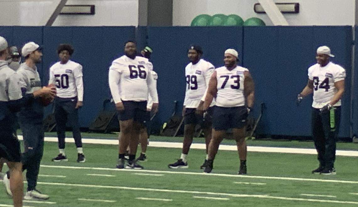 Defensive tackle Matt Gotel (73) from Tacoma, Lakes High School and the University of West Florida, made the Seahawks’ 90-man offseason roster after a local tryout before the NFL draft. He participated with 57 other players at Seattle’s rookie minicamp May 6-8, 2022.
