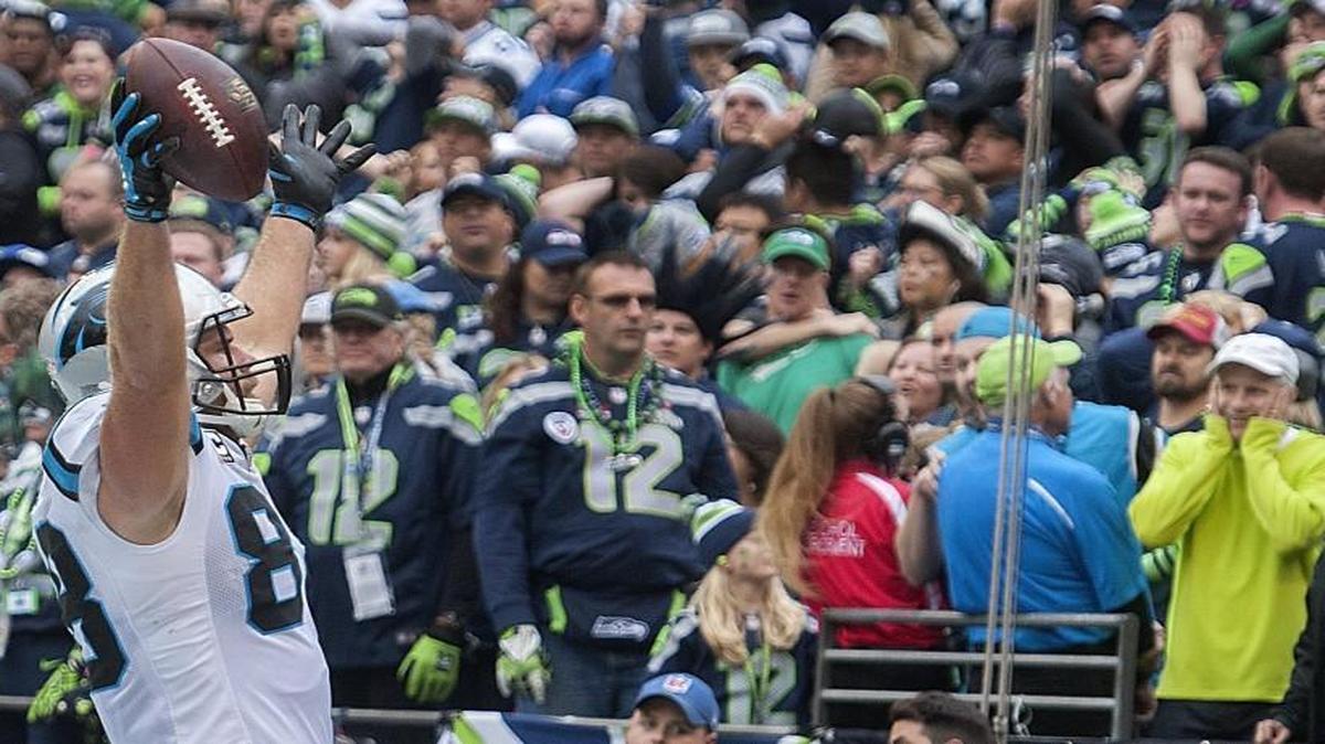 
Panthers tight end Greg Olsen torrments a bummed crowd of Seahawks fans after catching a game-winning touchdown pass. Photo taken at CenturyLink Field in Seattle on Sunday, Oct. 18, 2015.
