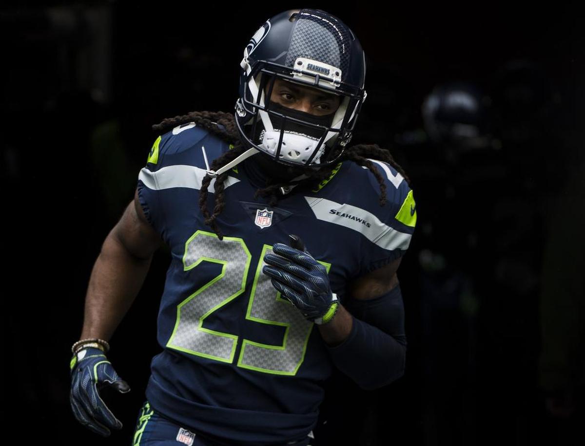 Seahawks corner back Richard Sherman (25) takes the filed for warmups. The Seattle Seahawks played the Washington Redskins in a NFL football game at CenturyLink Field in Seattle, Wash., on Sunday, Nov. 5, 2017.