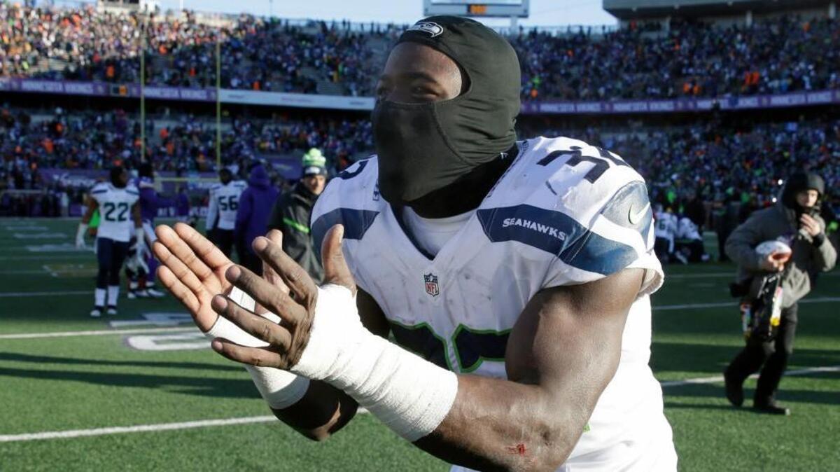 Seahawks running back Christine Michael celebrates after Seattle’s 10-9 win over Minnesota in Minneapolis.