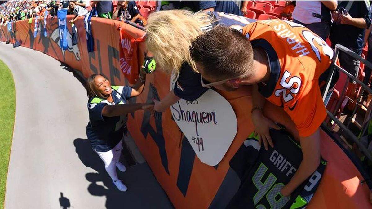 Tangie Griffin, mother of Seahawks twin defensive players Shaquill and Shaquem Griffin, on the edge of the field in Denver Sept. 9 before her boys started Seattle’s season opener. Shaquem, a rookie linebacker, says he is most thankful this remarkable year for the support from his mother and his father, Terry.