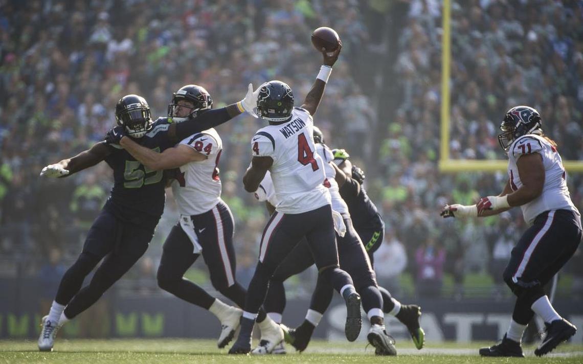 Texans quarterback Deshaun Watson passes in the second quarter. The Seattle Seahawks played the Houston Texans in a NFL football game at CenturyLink Field in Seattle, Wash., on Sunday, Oct. 29, 2017.