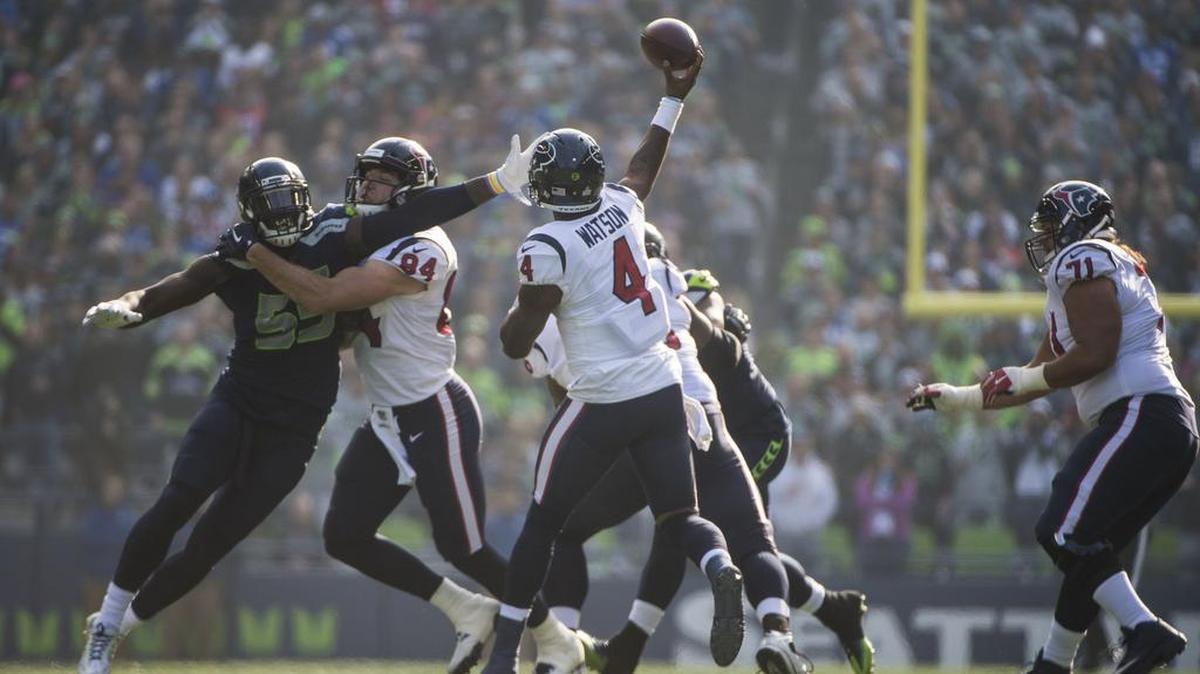 Texans quarterback Deshaun Watson passes in the second quarter. The Seattle Seahawks played the Houston Texans in a NFL football game at CenturyLink Field in Seattle, Wash., on Sunday, Oct. 29, 2017.