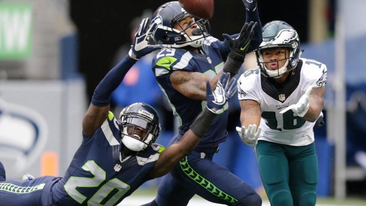 Seattle Seahawks cornerback Jeremy Lane (20) and free safety Earl Thomas, center, break up a pass intended for Philadelphia Eagles wide receiver Bryce Treggs, right, on Nov. 20, 2016, in Seattle. The Seahawks began planning for life after Richard Sherman, Kam Chancellor and even Thomas with its 2017 draft. It was not planning on that day being in the middle of this season.