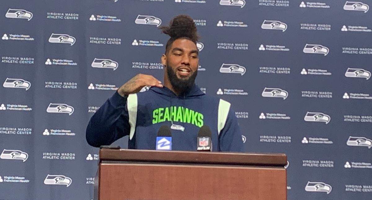 New defensive lineman Leonard Williams (99) describing his first day with the Seahawks, Nov. 1, 2023, at team headquarters in Renton. Seattle acquired him in a trade with the New York Giants Oct. 30, 2023.