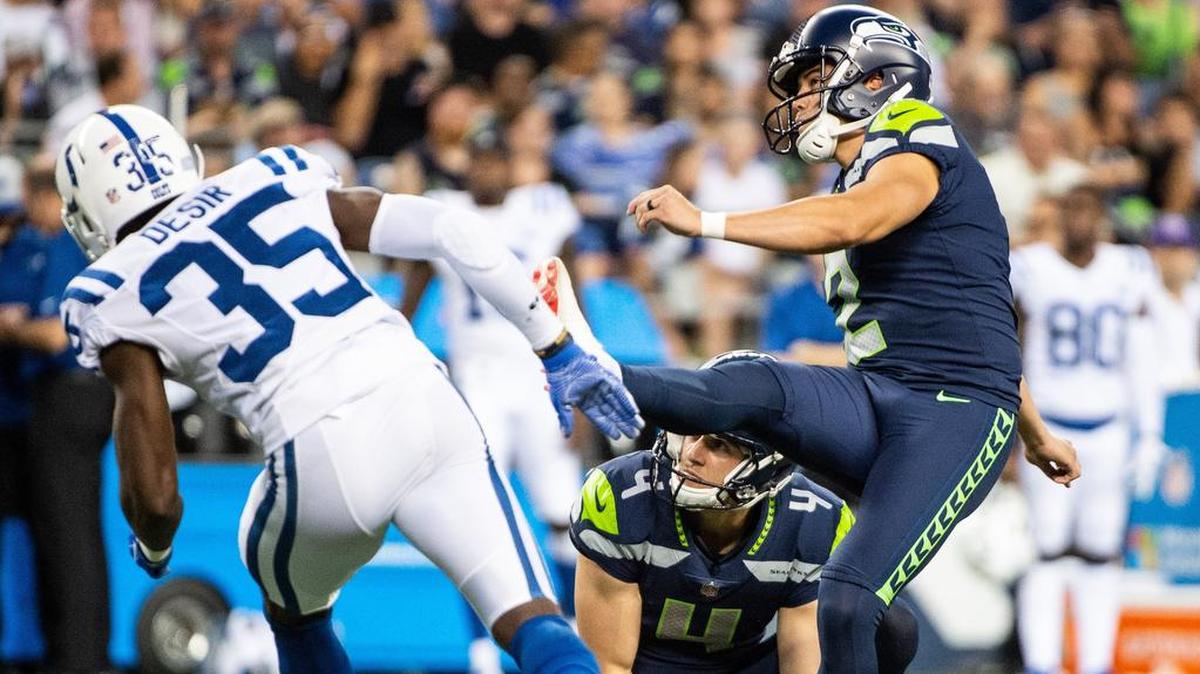 Then-Seahawks kicker Jason Myers (2) kicks a field goal in the third quarter of a home preseason game in August 2018. Eleven days later Seattle released him and gave its place-kicking job to Sebastian Janikowski. Myers, 27, went on to become a Pro Bowl selection for the New York Jets last season. On Wednesday, the Seahawks agreed to a four-year contract with Myers reportedly worth up to $16 million.