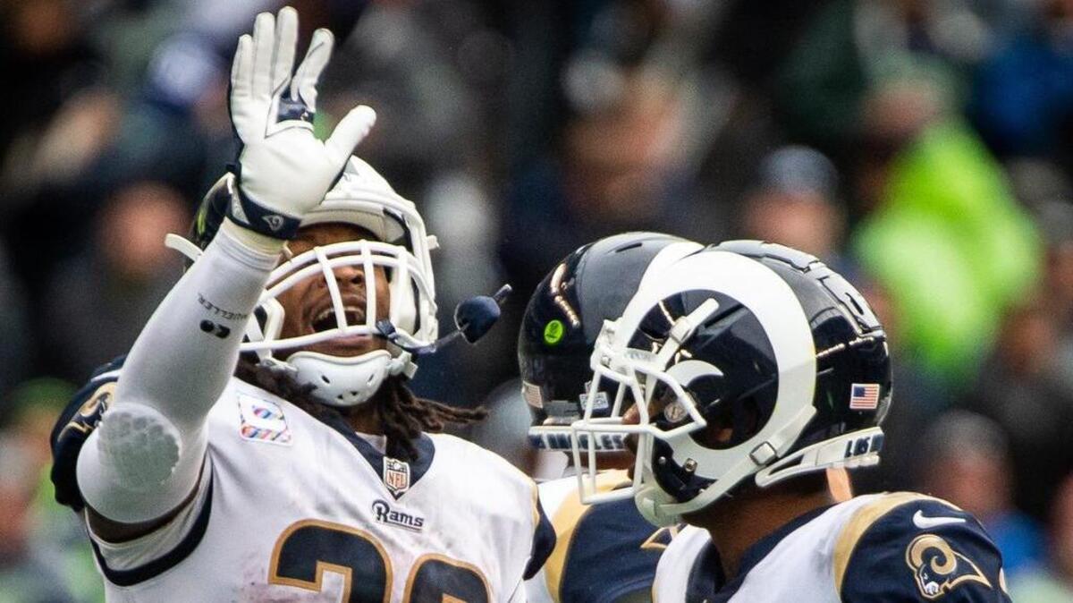 Rams running back Todd Gurley (30) waves to the crowd after the game. The Seattle Seahawks played the Los Angeles Rams in a NFL football game at CenturyLink Field in Seattle, Wash., on Sunday, Oct. 7, 2018.
