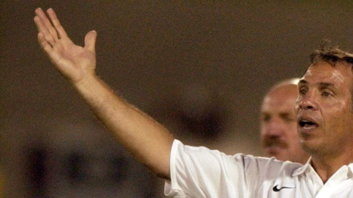 United States' coach Bruce Arena reacts during the CONCACAF semifinal round qualifier match against Jamaica for the 2006 World Cup at the National Stadium in Kingston, Jamaica, Wednesday, Aug. 18, 2004. The match ended 1-1.