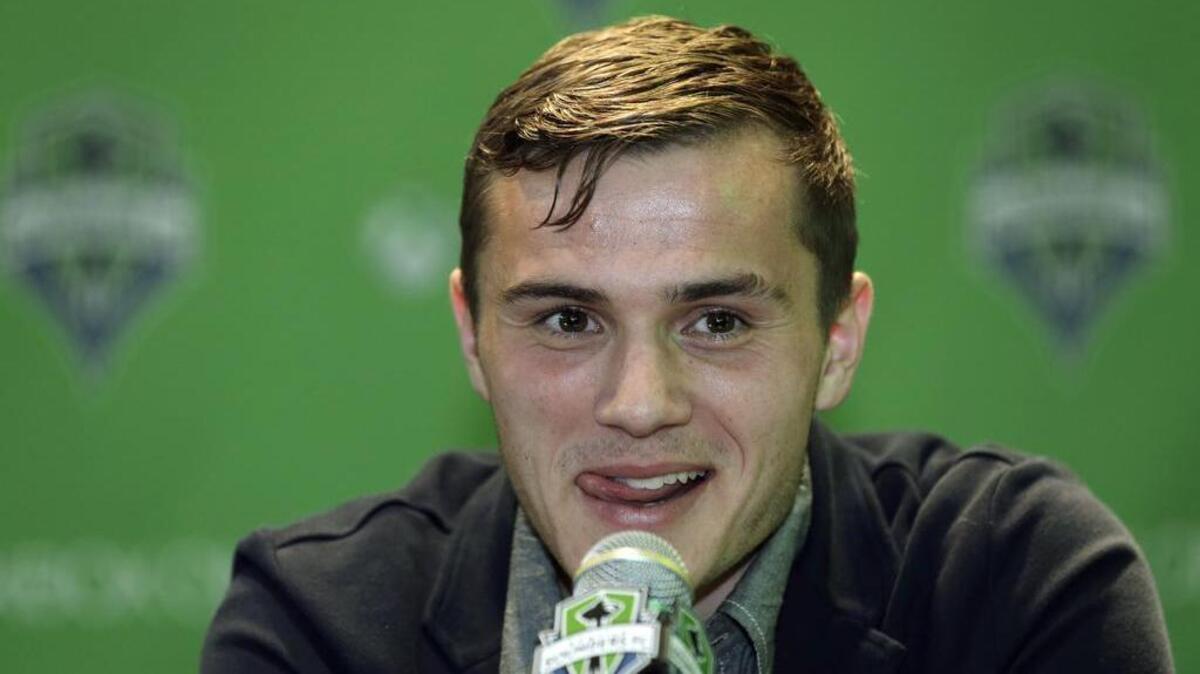 Mercer Island’s Jordan Morris speaks in Seattle in January after Seattle Sounders FC announced his signing as a forward.