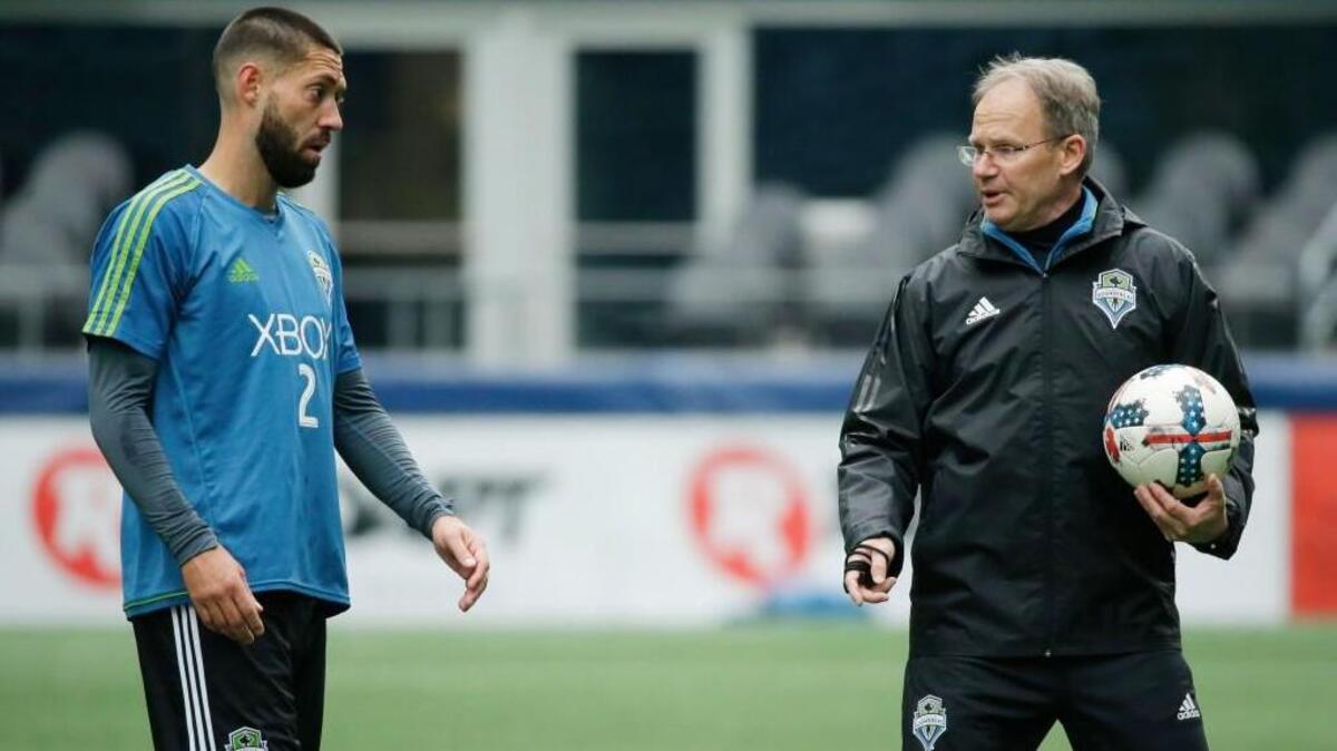 Sounders coach Brian Schmetzer, right, said he likes his team’s chances to get back to the MLS Cup while acknowledging the team’s achievement to just make the Western Conference finals. It helps having Sounders forward Clint Dempsey, who missed last year’s playoff run because of heart issues, back with the team.