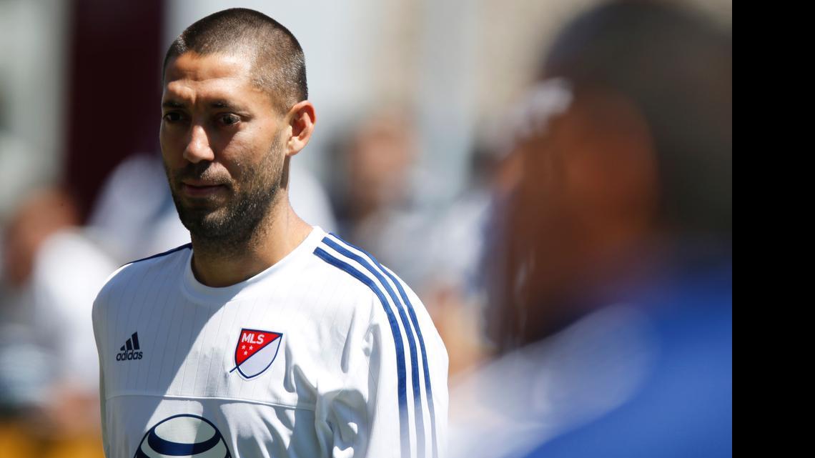 
Seattle Sounders forward and MLS All-Star Clint Dempsey looks on during a practice for the MLS Soccer All-Star game on Tuesday in Commerce City, Colo. 
