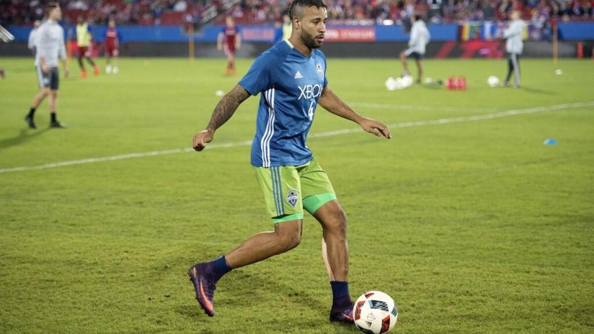Seattle Sounders defender Tyrone Mears warms up before a 2016 playoff against FC Dallas. With Mears having been dealt to Atlanta and Brad Evans injured, the Sounders have struggled to fill that position.