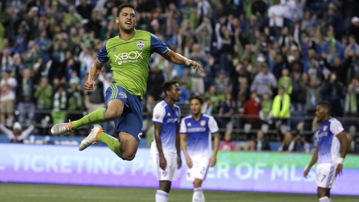 Seattle Sounders midfielder Lamar Neagle, celebrating a goal against FC Dallas in October, ranks fourth in team history with 28 goals.