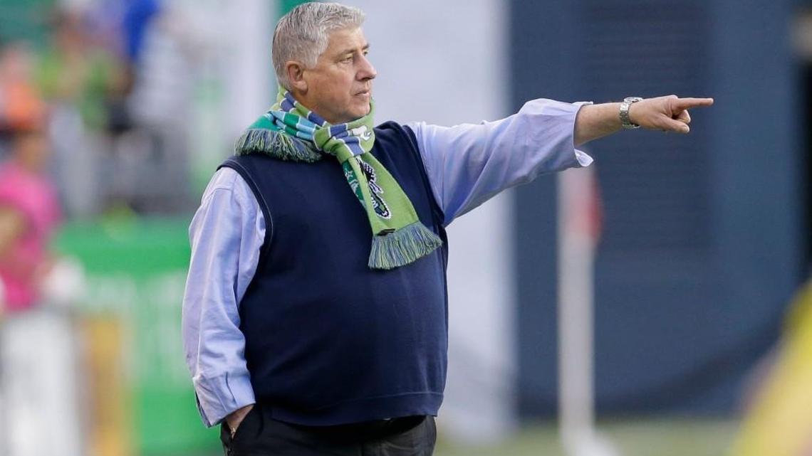 
Seattle Sounders Sigi Schmid, shown during an MLS match in June, returned to practice Thursday after being hospitalized but he will not travel with the team for Saturday’s match at the San Jose Earthquakes. “I could fly, that’s not an issue,” Schmid says. “… But the doctors wanted me to stay in this area for at least a week.” 
