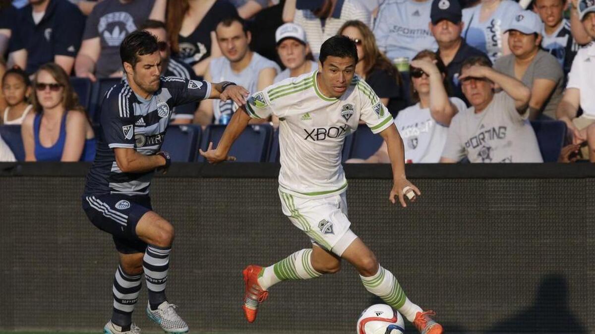 
Seattle Sounders midfielder Gonzalo Pineda, right, says of playing against CD Olimpia in Honduras on Wednesday, “I think that they will be a little fighty, more aggressive, even in the field and off the field. I think they will try to put pressure even from the fans.”
