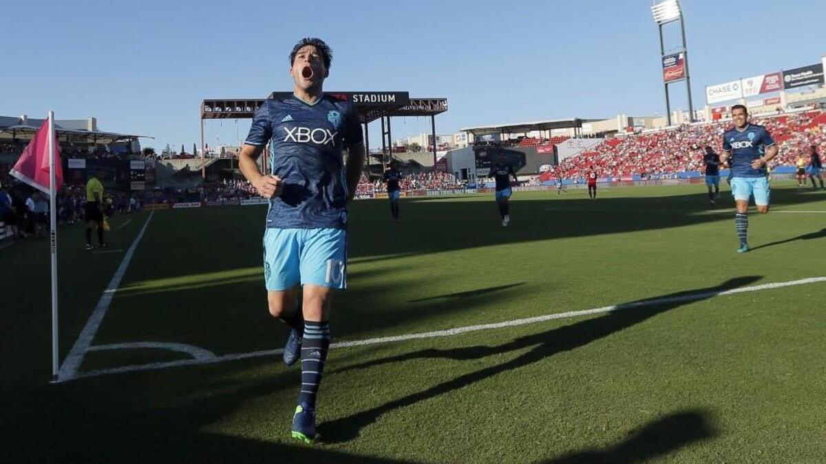 Seattle Sounders midfielder Nicolas Lodeiro (10) celebrates his goal against FC Dallas on Oct. 16 in Frisco, Texas. Lodeiro’s transfer to Seattle in July sparked the Sounders’ run to the MLS playoffs.