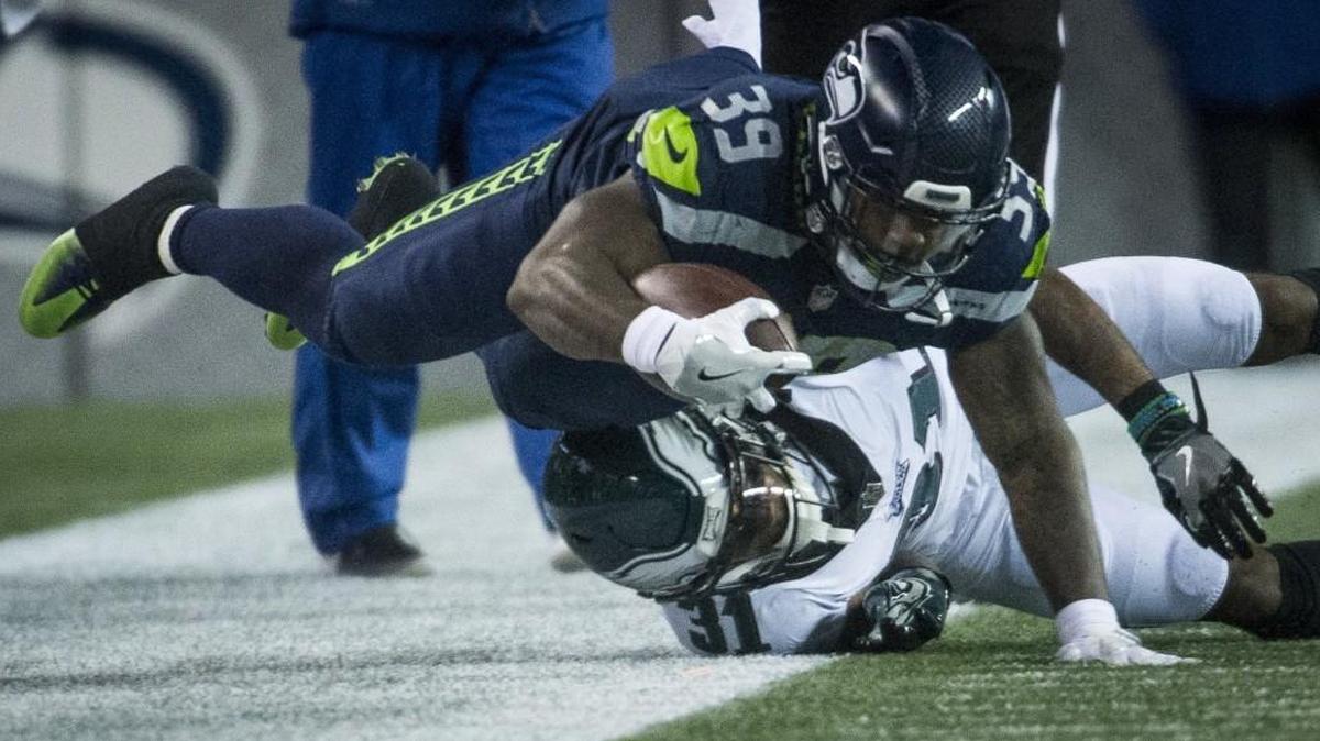 Seahawks running back Mike Davis lunges for an extra yard after a run in the second quarter. His hard charging style against the Philadelpia Eagles helped him gain a game-high 64 yards rushing on 16 carries.