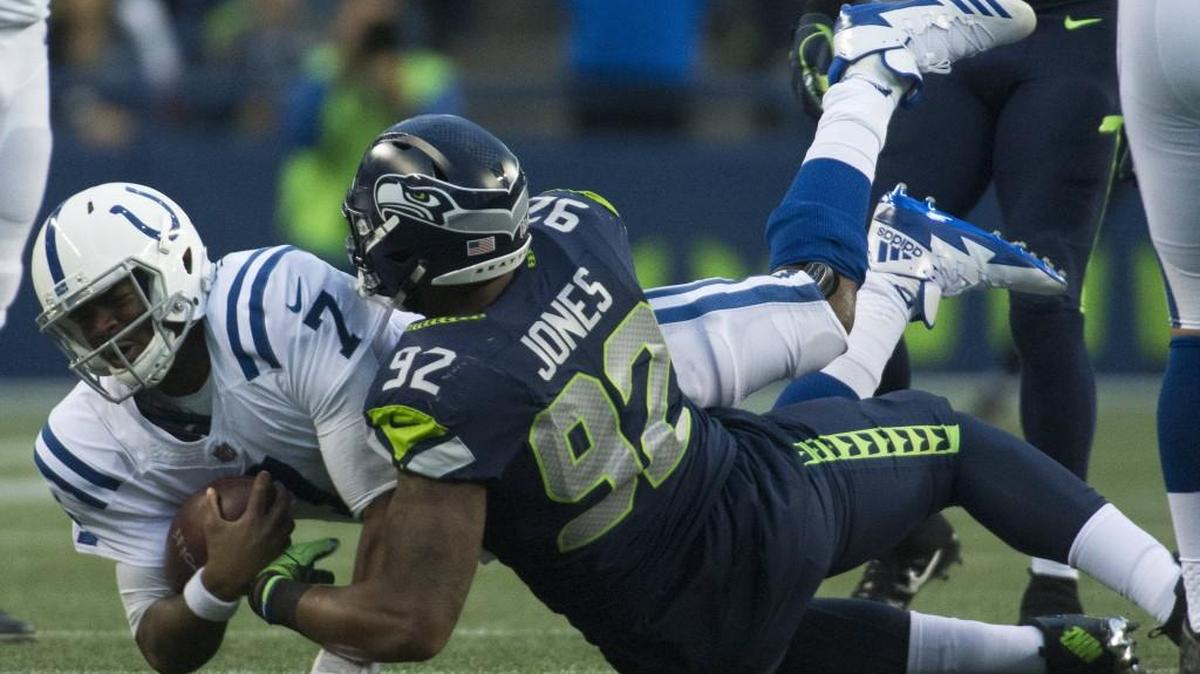 Seahawks defensive lineman Nazair Jones sacks Colts quarterback Jacoby Brissett in the second quarter. The Seattle Seahawks played the Indianapolis Colts in a NFL football game at CenturyLink Field in Seattle on Sunday.