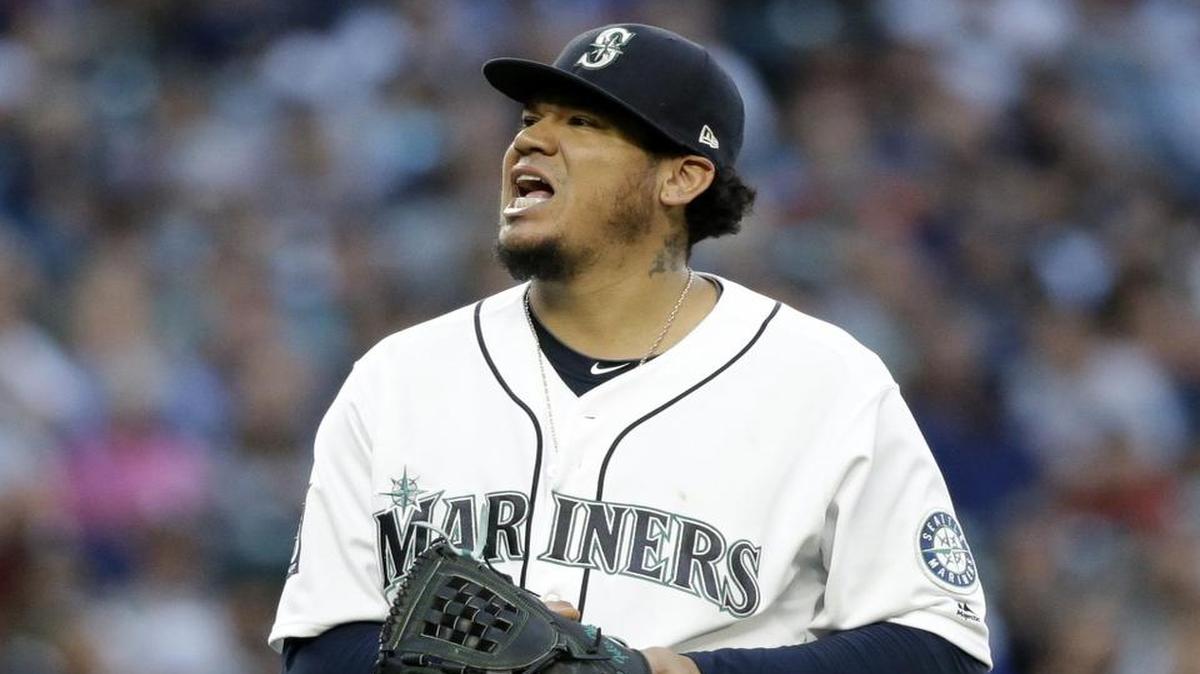 Seattle Mariners starting pitcher Felix Hernandez heads to the dugout between innings against the New York Yankees in a baseball game Thursday, July 20, 2017, in Seattle. The Mariners announced Tuesday that Hernandez will likely miss three to four weeks with bursitis in his shoulder.