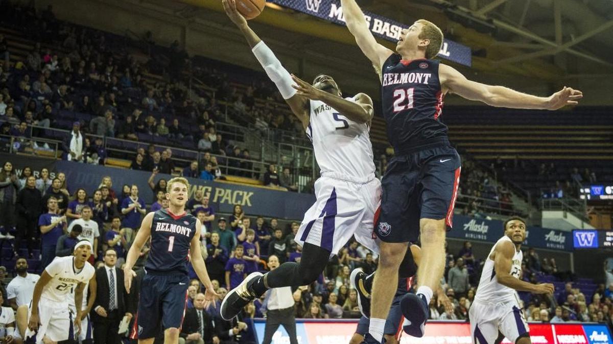Huskies Guard Jaylen Nowell (5) puts up a shot and is fouled by Belmont's Burton Sampson (21) in the final minutes of the second half on Nov. 10, 2017. Nowel set the school record for points in a freshman debut with 32.