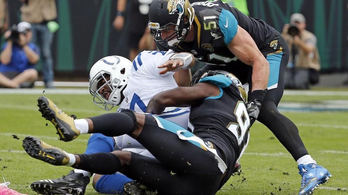 Indianapolis Colts quarterback Jacoby Brissett, being sacked by Jacksonville Jaguars defensive end Yannick Ngakoue and linebacker Paul Posluszny (51) last week, found out the hard way how good the Jags’ defense is.